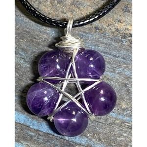 Amethyst crystal bead wrapped pentagram pentacle necklace